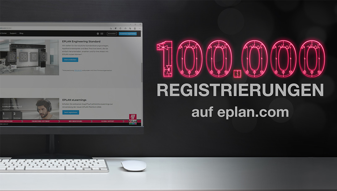 Bildschirm mit Screenshot, Schriftzug: 100.000 Registrierungen auf eplan.com