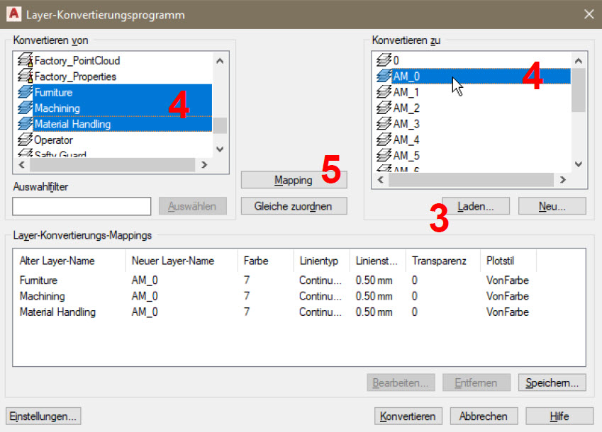 Links die Quelle und rechts das Ziel im Layer-Konvertierungsprogramm im AutoCAD.