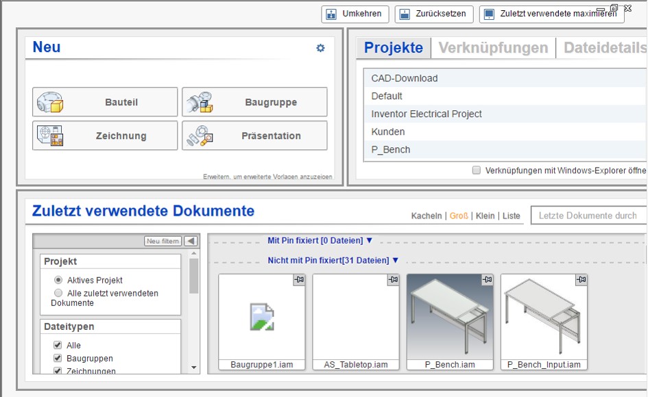 Die Startseite in Autodesk Inventor im Standard. Inventor bietet die Möglichkeit, die Startseite individuell anzupassen.