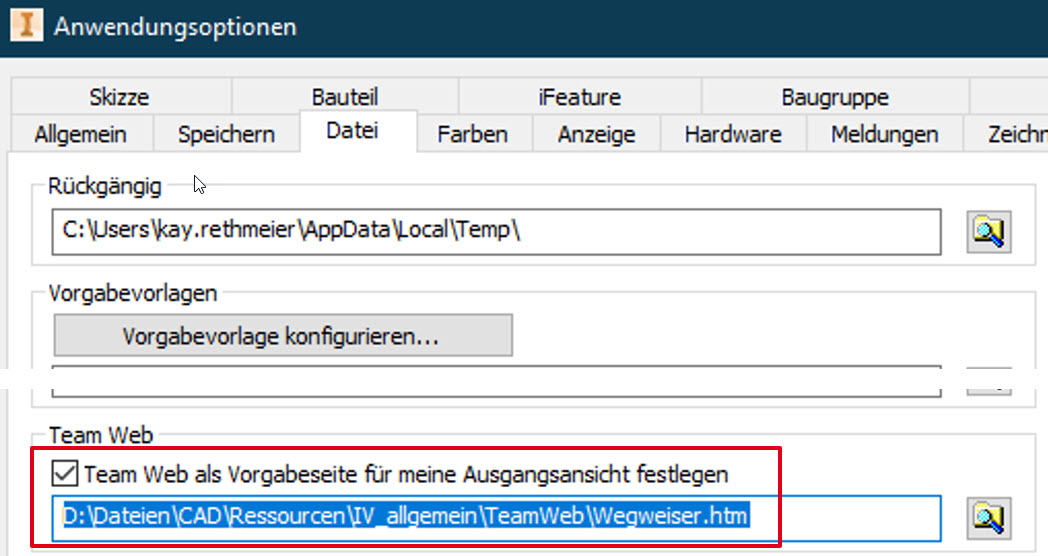 Einstellen einer Teamwebseite in Autodesk Inventor.