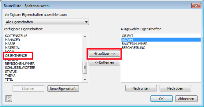 Eigenschaften “Objektmenge” und “Hinzufügen” wählen